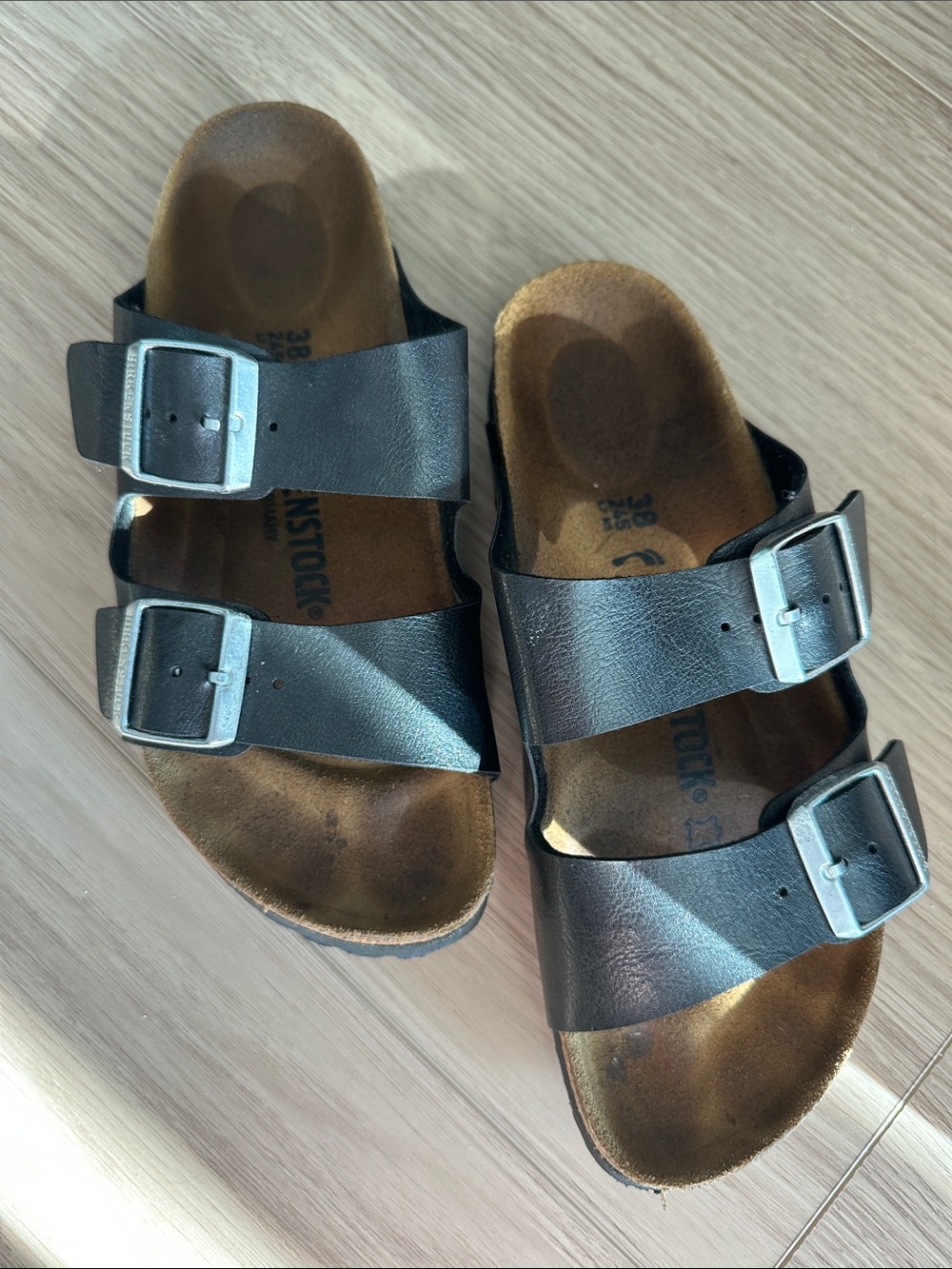 Birkenstock Black Two-Strap Sandals with Silver Buckles